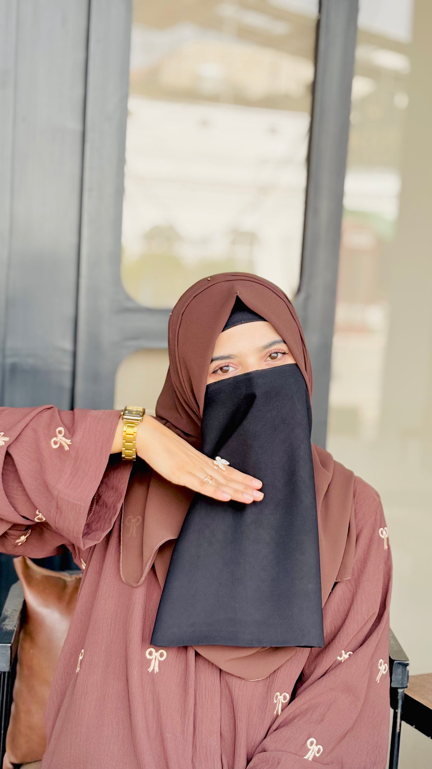 Elegant Turkish Fabric Abaya – Brown with Embroidered Bows