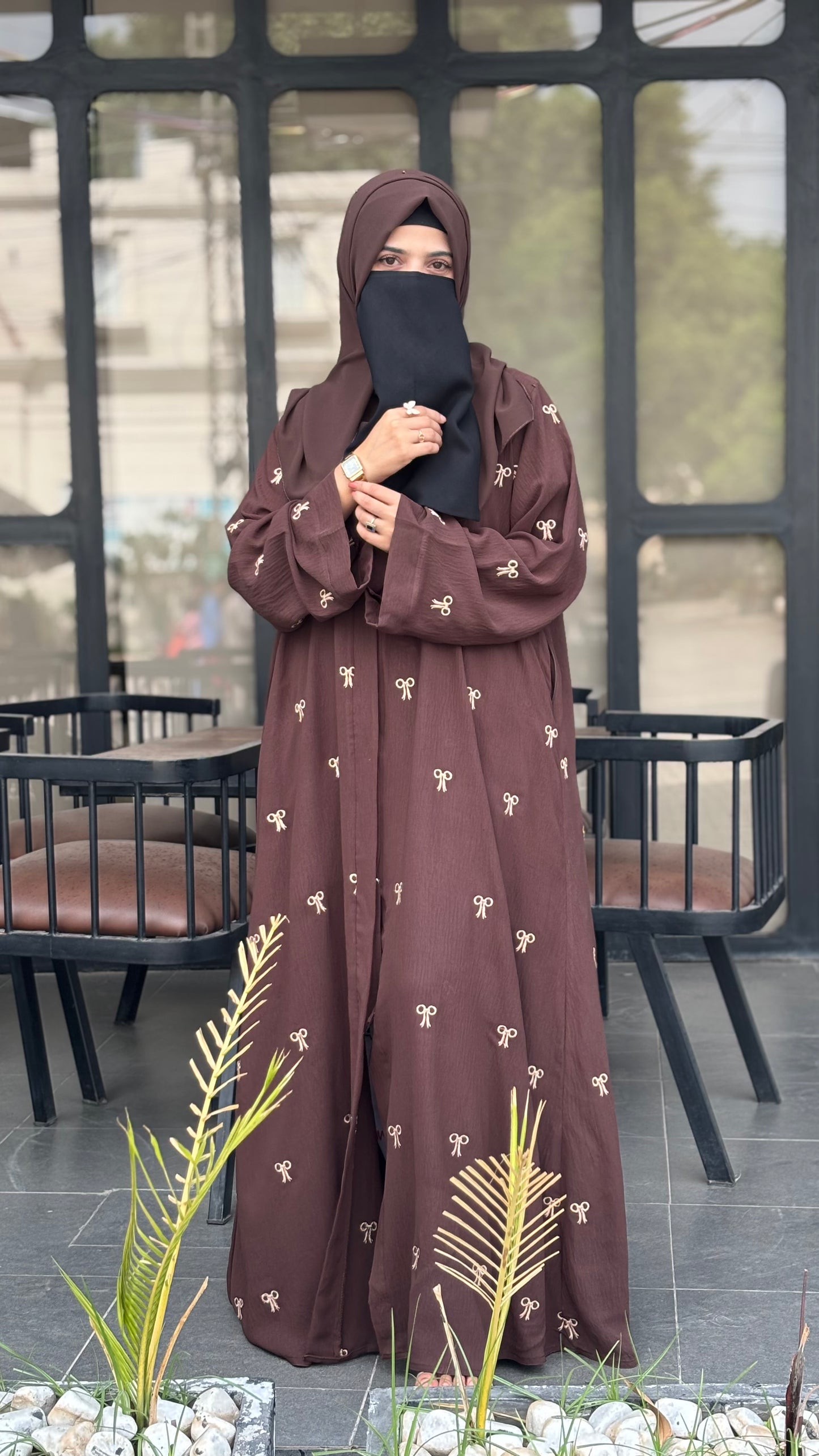 Elegant Turkish Fabric Abaya – Brown with Embroidered Bows