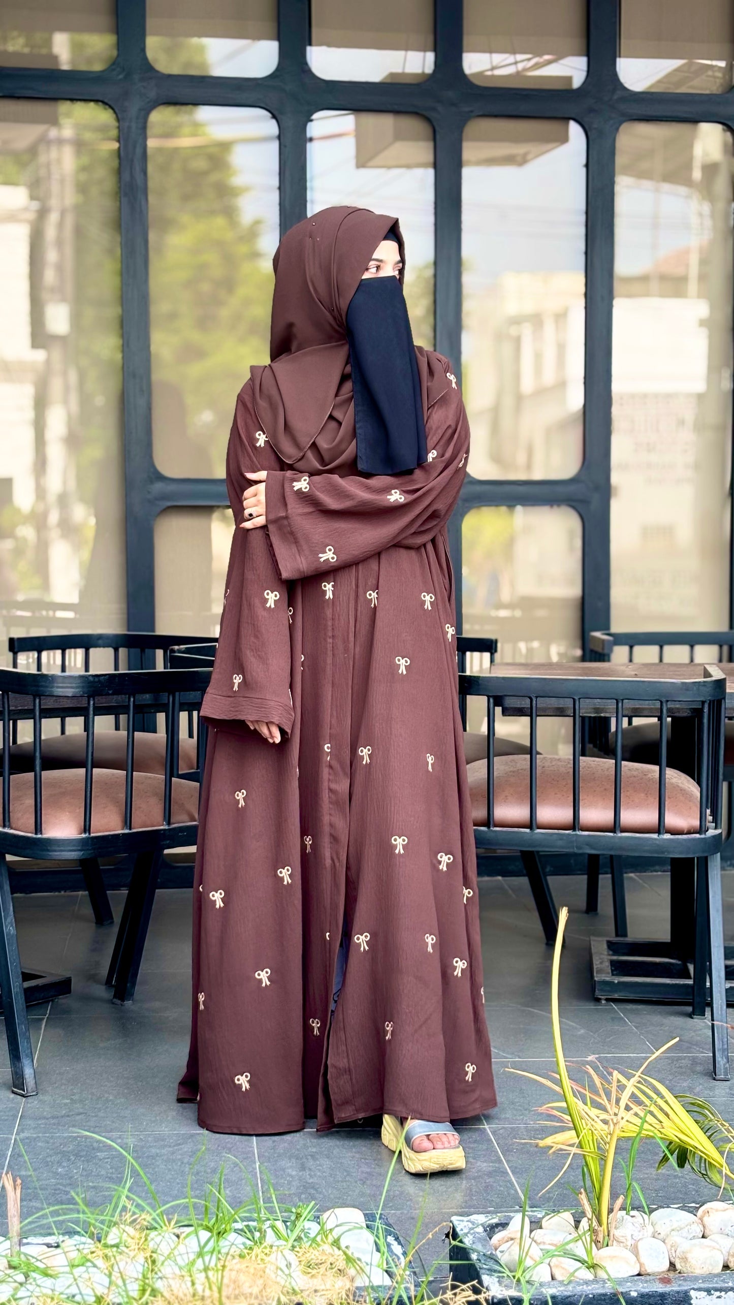Elegant Turkish Fabric Abaya – Brown with Embroidered Bows