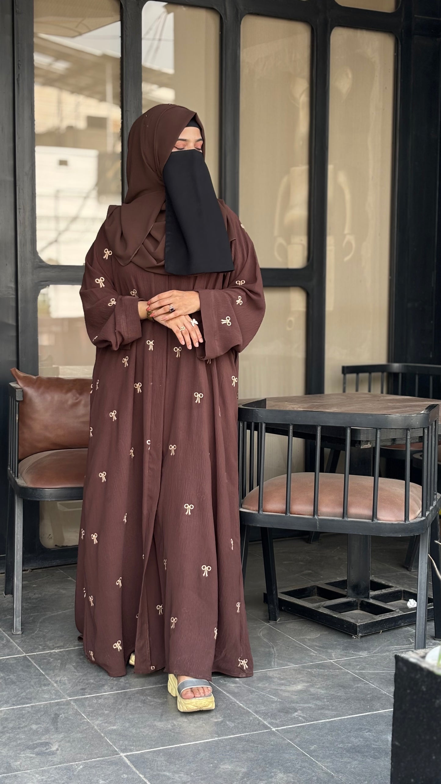 Elegant Turkish Fabric Abaya – Brown with Embroidered Bows