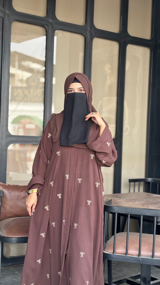 Elegant Turkish Fabric Abaya – Brown with Embroidered Bows