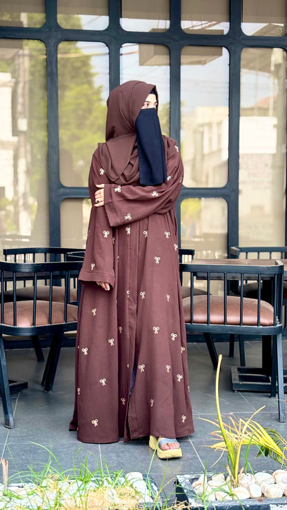 Elegant Turkish Fabric Abaya – Brown with Embroidered Bows