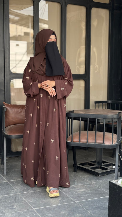 Elegant Turkish Fabric Abaya – Brown with Embroidered Bows